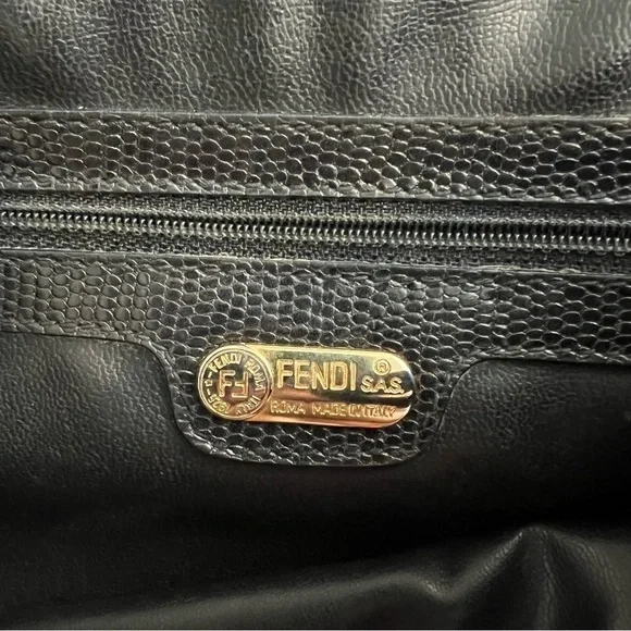 FENDI Vintage leather and coated canvas bag, striped, black 14”x10”, authentic - Picture 7 of 17